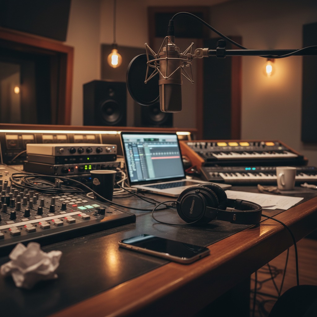 Ein Tonstudio-Mischpult mit angeschlossenem Laptop, Kopfhörern und einem Studiomikrofon im Vordergrund.